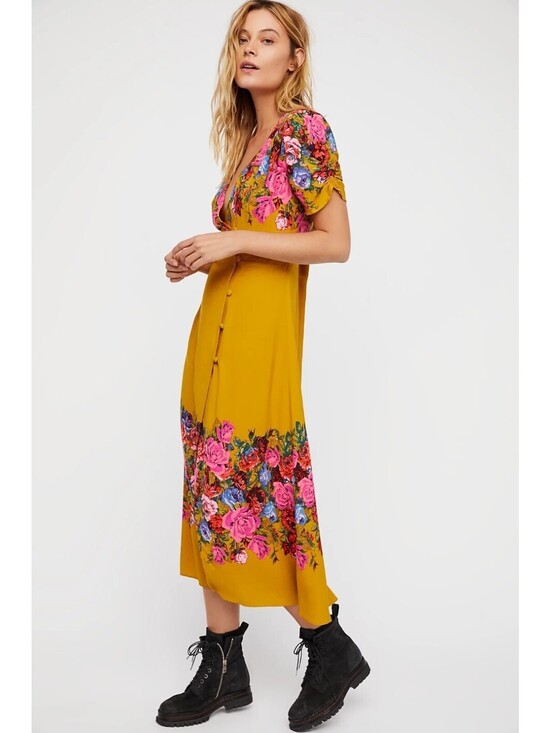 Free People Dresses & Skirts - Free People Yellow Floral Midi Dress Size Small Boho V-Neck Button Front Rayon